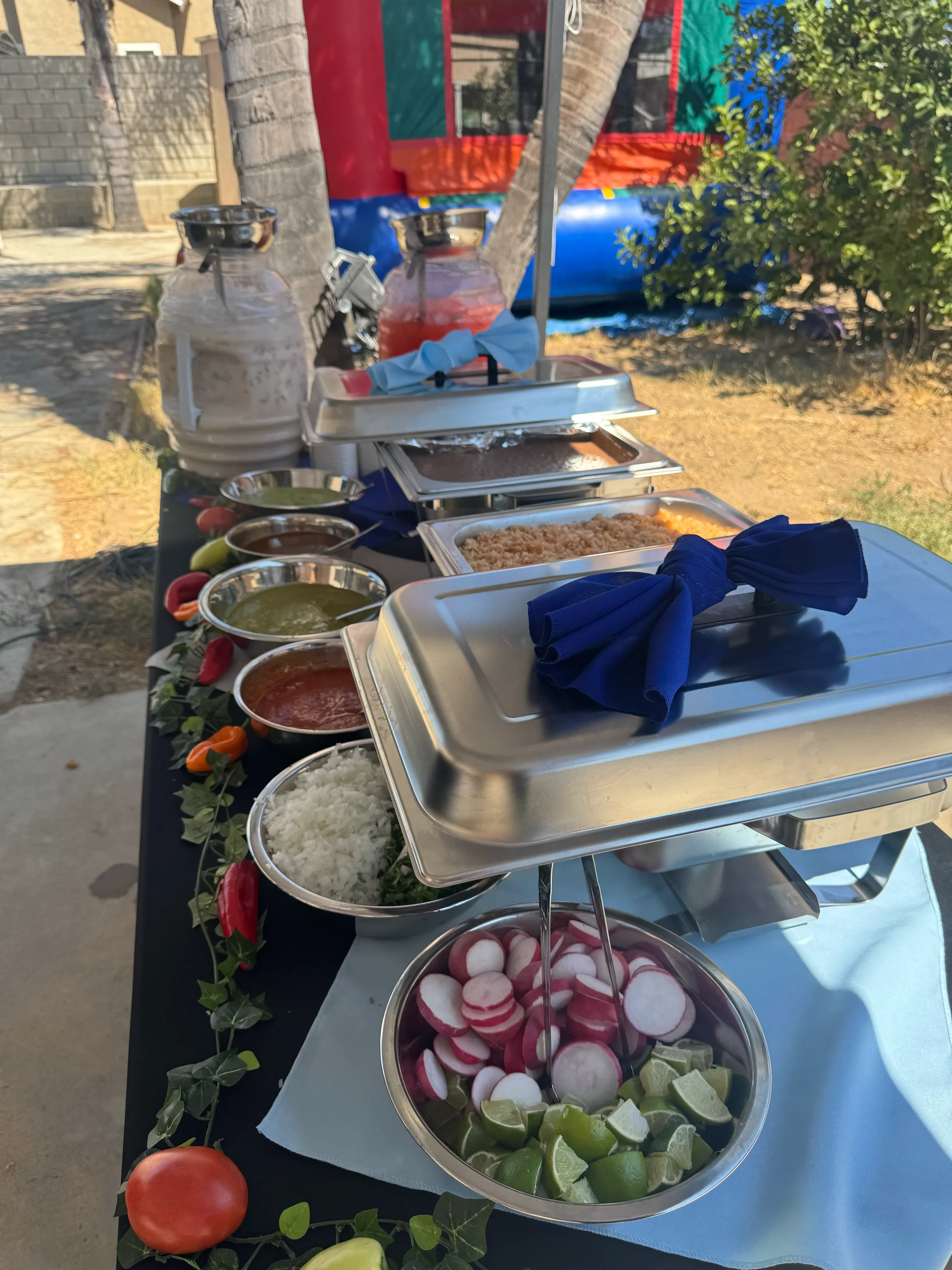 Full-length view of a Tacos V buffet with chafing dishes, salsas, and agua fresca dispensers at a backyard event